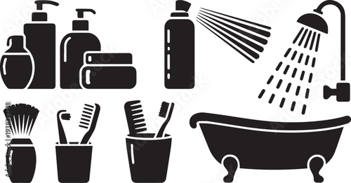 Bathroom essentials solid icon set – flat style hygiene, cleaning, and personal care icons for daily routines: toothbrush, soap, towel, shower, toilet paper, dispenser, mug.