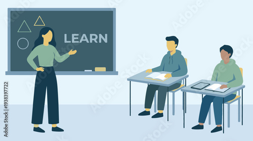 Flat illustration of a teacher instructing students in a modern classroom
