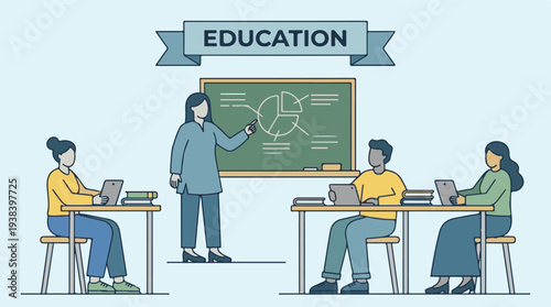 Teacher explaining pie chart to diverse students in a classroom setting