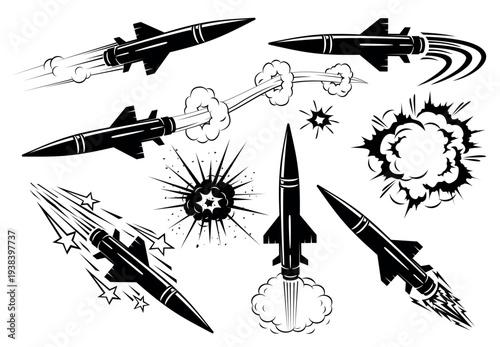 Combat guided homing missile flies at high speed. Ballistic or anti-aircraft missile is used in warfare. War vector icons set on a transparent background.