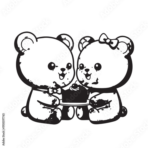 Two cute cartoon bears share a bowl of food in a playful, heartwarming scene.
