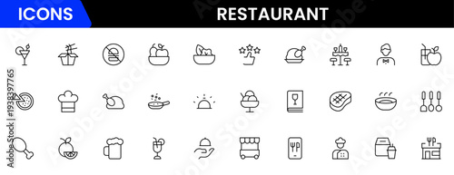 Restaurant line icons set. Restaurant, menu, cooking, drink, chef, table, cafeteria, wine, dish, and eating. Vector illustration