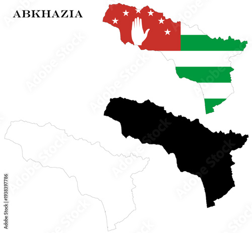 Abkhazia Country Maps Bundle with National Flag, Black Silhouette and Detailed Outline Contours