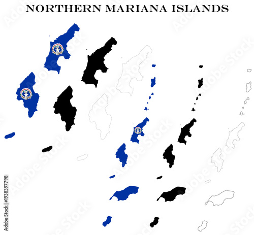Northern Mariana Islands Map Bundle with Flag, Black Silhouette and Detailed Outline Contours