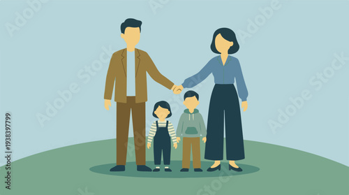 Happy family of four holding hands, flat minimalist illustration