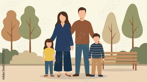 Illustration of a happy family with two children standing together in a park