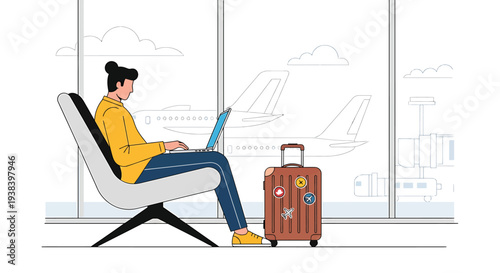 Woman Working on Laptop in Airport Lounge with Suitcase
