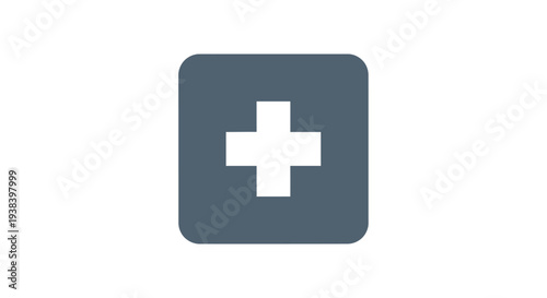 White Medical Cross Symbol on Grey Square.