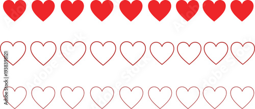 Heart Icon Set Featuring Red, Outline, and Empty Hearts for Love, Romance, and Valentine's Day Designs