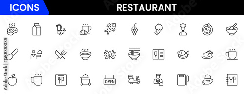 Restaurant line icons set. Restaurant, menu, cooking, drink, chef, table, cafeteria, wine, dish, and eating. Vector illustration