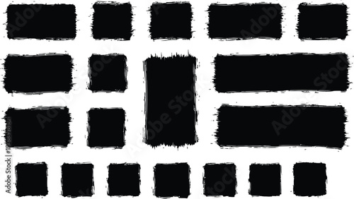 A black and white abstract art piece featuring a grid of rectangular brushstrokes