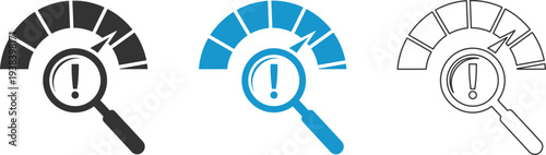 Magnifying glass icons with speedometer gauges in black, blue and gray line