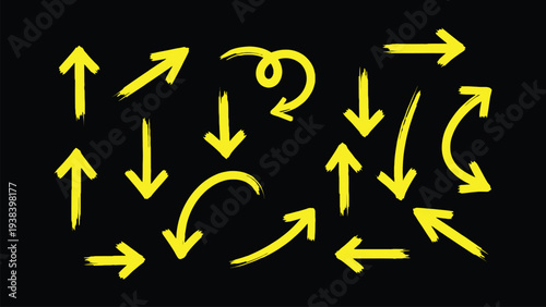 A collection of yellow arrows pointing in various directions on a black background