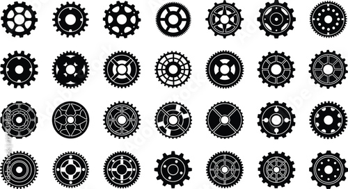 Gear Icon Set Featuring Various Black Industrial Gears for Mechanism, Engineering, and Technology Designs