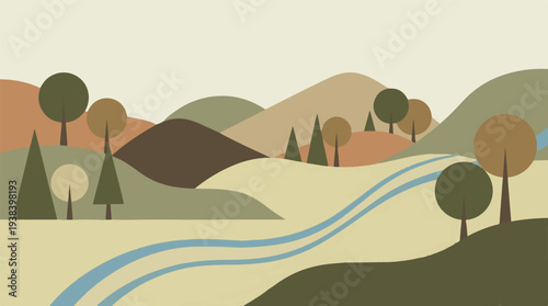 Minimalist Geometric Landscape with Rolling Hills, Trees, and River