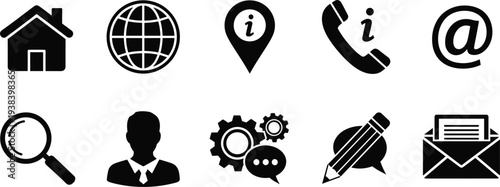 Vector Set of Navigation, Communication, and Contact Icons Including Home, Phone, Email, Globe, and Searc