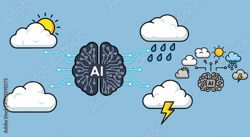 Artificial intelligence brain processing various weather conditions like sun rain and lightning for accurate forecasting on transparent background