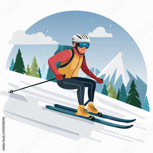 Adaptive Winter Sports Athlete Downhill Sit-Skiing Flat Vector Illustration