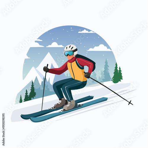 Adaptive Winter Sports Athlete Downhill Sit-Skiing Flat Vector Illustration