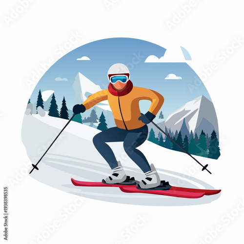 Adaptive Winter Sports Athlete Downhill Sit-Skiing Flat Vector Illustration