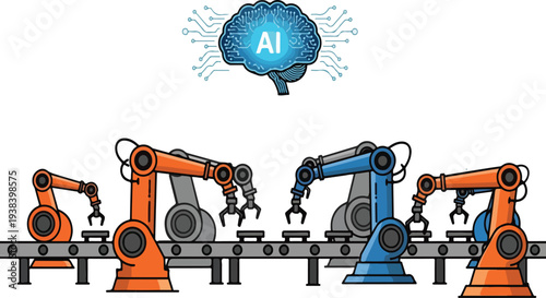 Robotic arms working on an automated assembly line symbolizing industrial advancement and artificial intelligence integration on transparent background