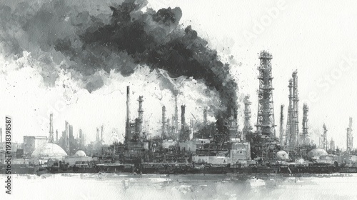 Industrial Landscape with Heavy Smoke and Refineries in Black and White