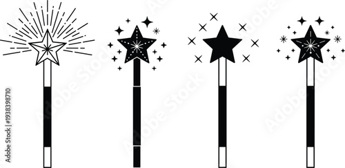 Magic Wand Icon Set Featuring Sparkling Stars and Magical Effects for Fantasy, Wizardry, and Celebration Designs