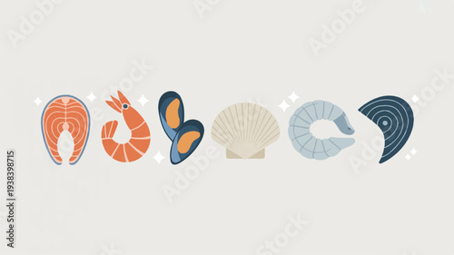 Seafood icons including fish shrimp mussels and scallops on light background