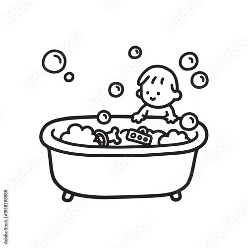 Cute Hand Drawn Illustration of a Happy Little Child Playing in Bathtub. 