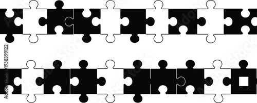 Puzzle Piece Icon Set Featuring Interlocking Black and White Puzzle Pieces for Problem Solving, Connection, and Teamwork Designs