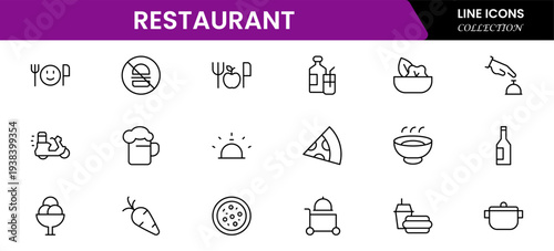 Restaurant line icons set. Restaurant, menu, cooking, drink, chef, table, cafeteria, wine, dish, and eating. Vector illustration