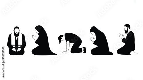 Silhouette of people in various praying positions on white background