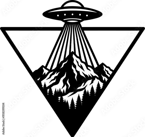 UFO with beam over mountains in triangle frame silhouette