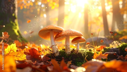 A serene forest scene with two mushrooms surrounded by autumn leaves