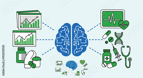 Artificial intelligence brain connecting to medical data, healthcare statistics, and analytical graphs showing technology's role in health on transparent background. on transparent background