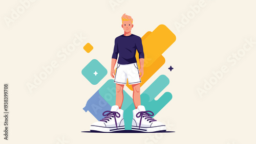 Young blonde man in a navy blue sweater and white shorts standing against a colorful abstract geometric background pattern.