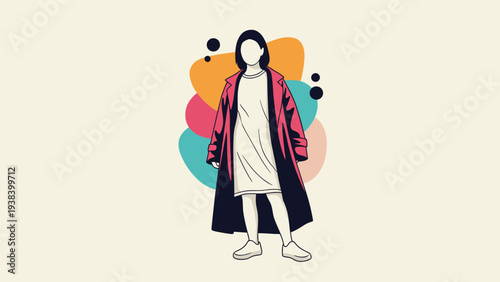 Faceless woman wearing a long red trench coat over a white dress standing against a minimalist background with abstract shapes.
