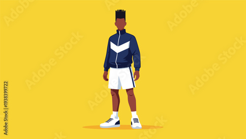Young black man with a high top fade haircut wearing a navy blue and white striped tracksuit jacket on a yellow background.
