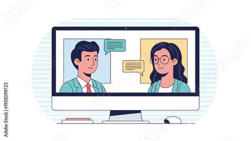 Computer monitor showing a video conference call between a man and a woman with speech bubbles representing digital communication.