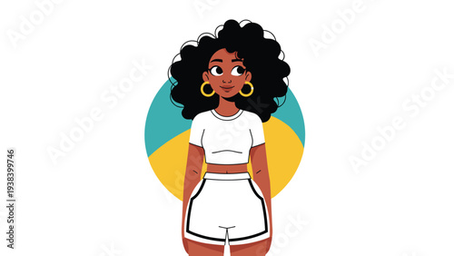 Beautiful black woman with large hoop earrings and a curly afro hairstyle wearing a white crop top and matching shorts set.