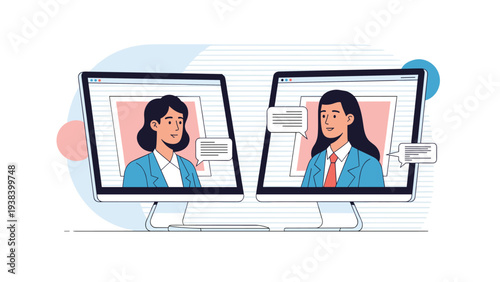 Dual computer monitors displaying a remote video call between two professional women with speech bubbles for text messaging.
