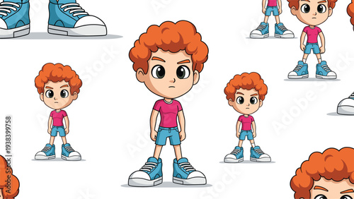Seamless pattern background featuring an illustration of a young boy with curly red hair wearing a pink shirt and blue shorts.