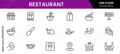Restaurant line icons set. Restaurant, menu, cooking, drink, chef, table, cafeteria, wine, dish, and eating. Vector illustration