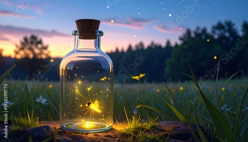 A serene glass jar containing fireflies on a tree stump