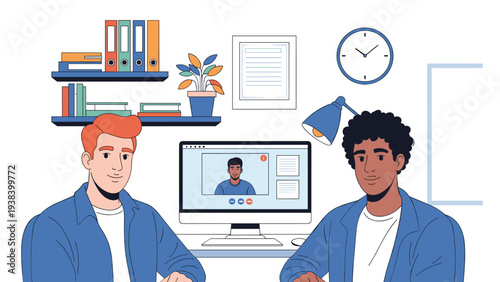 Two professional colleagues, one white and one black, sitting together at an office desk during a remote video conference.