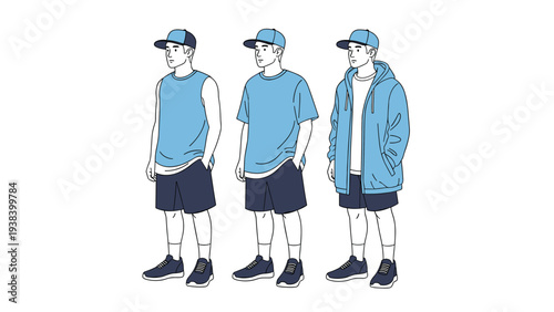 Character design sheet showing a man in three casual blue outfits including a tank top, a t-shirt, and a hooded jacket.