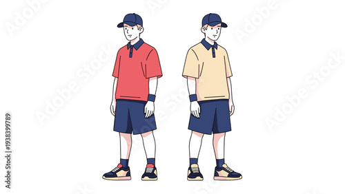 Two young men wearing baseball caps and polo shirts in red and yellow standing side by side against a clean white background.