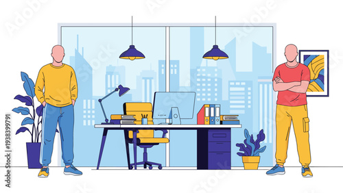 Two faceless male colleagues standing in a modern office with a large window displaying a detailed city skyscraper view.