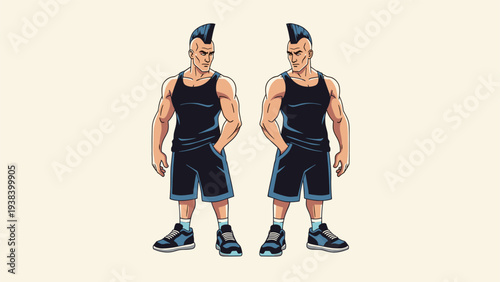 Fit men with high blue mohawks wearing black tank tops and athletic shorts looking towards each other with hands in pockets on a white background.
