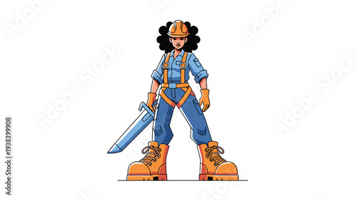 Powerful female construction worker in a blue jumpsuit and hard hat holding a large futuristic sword and wearing big boots on a white background.